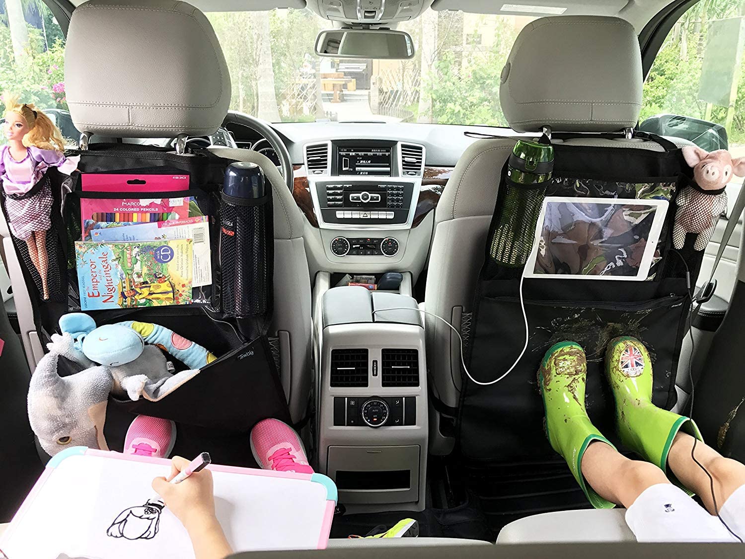 1680D Durable Backseat Toy Organizer Car Backseat Protector with 8 Storage Pockets for Tissue Box Toys Book Bottle Drinks Kids Baby Toddler Travel Accessories MAXTUF Kick Mat Gray 