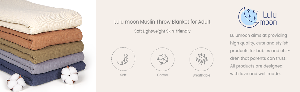 Lulu moon Muslin Throw Blanket Adult: Quilt Blanket for Bed and Couch  4-Layer, 55 x 75”, Grey
